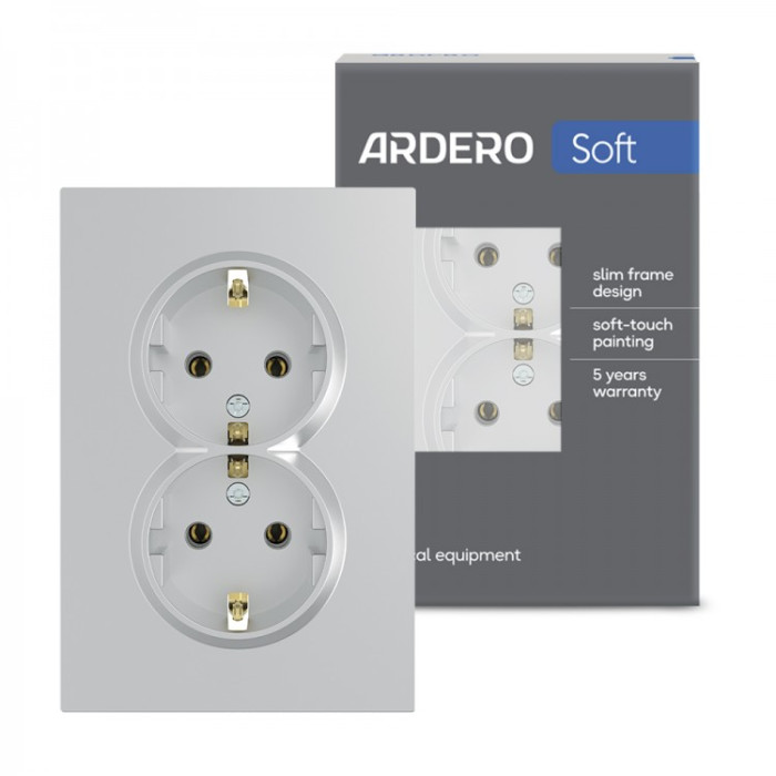 Розетка подвійна Ardero ER122-S Soft 16А із заземленням срібна
