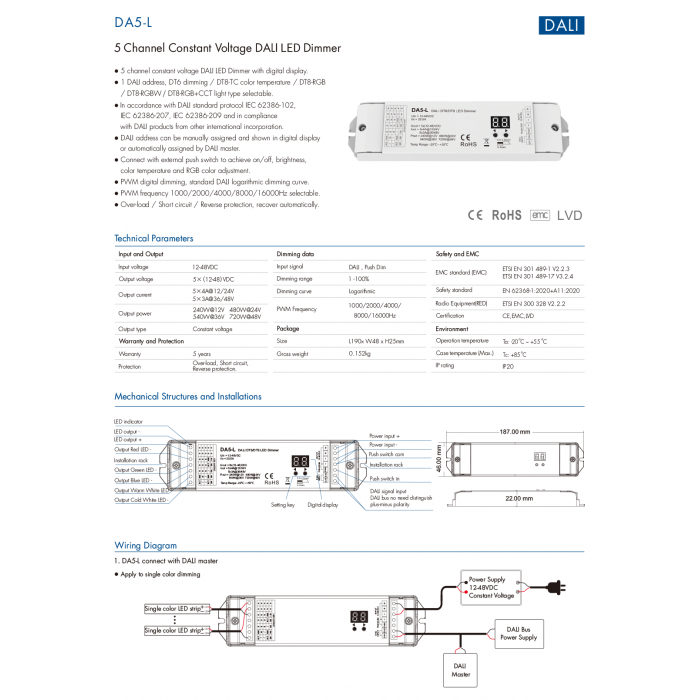 LED-димер DEYA 12-48VDC, 4A*5CH DT6/DT8 (DA5-L)