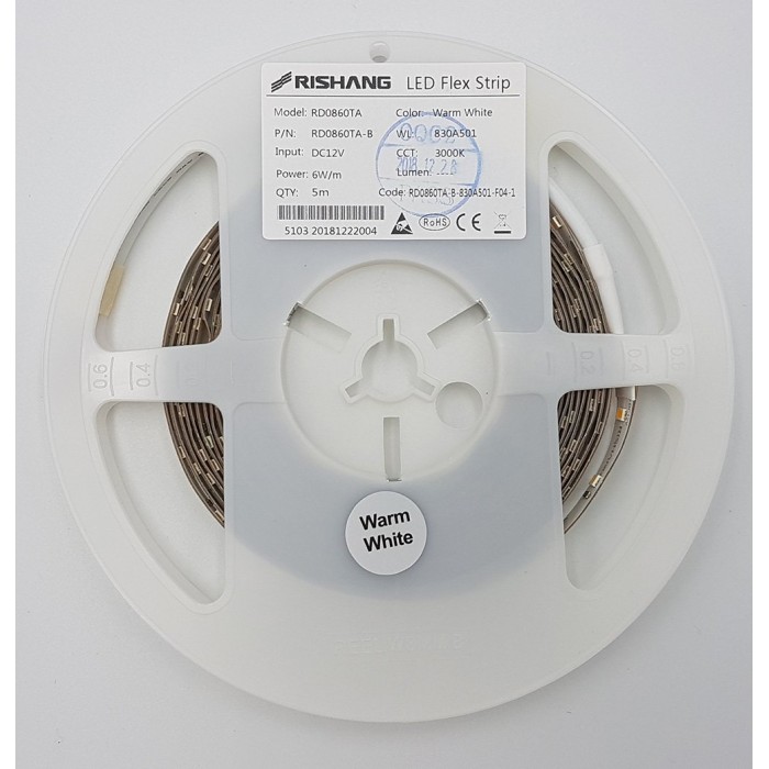LED стрічка RISHANG 60-2835-12V-IP20 4.8W 505Lm 3000K 50м (RD0860TA-B-WW_50)