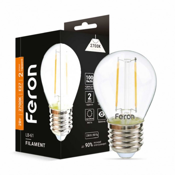 Світлодіодна лампа Feron Filament LB-61 2Вт E27 2700K прозора Світлодіодна лампа Feron Filament LB-61 2Вт E27 2700K прозора