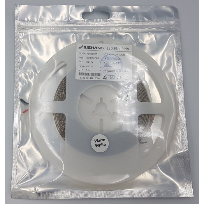 LED стрічка RISHANG 60-2835-12V-IP20 4.8W 505Lm 3000K 50м (RD0860TA-B-WW_50)