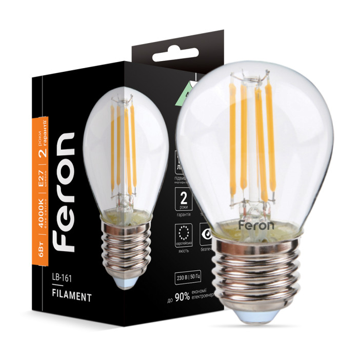 Світлодіодна лампа Feron Filament LB-161 6Вт E27 4000K Світлодіодна лампа Feron Filament LB-161 6Вт E27 4000K