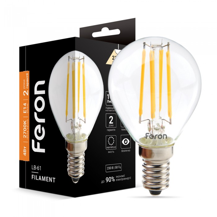 Світлодіодна лампа Feron Filament LB-61 4Вт E14 2700K Світлодіодна лампа Feron Filament LB-61 4Вт E14 2700K