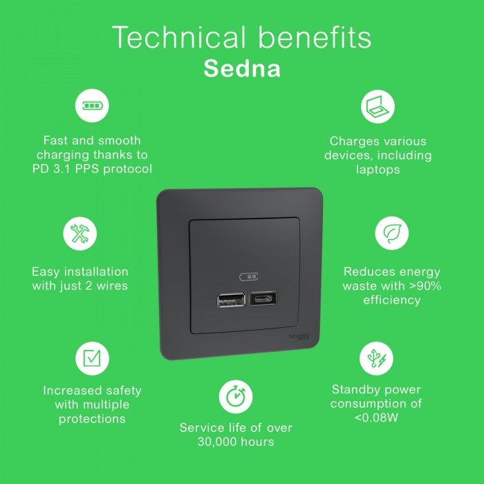 USB роз A+C 2,4A Чорний Sedna Design, Чорний, Sedna Design & Elements