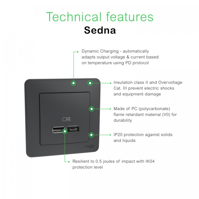USB роз A+C 2,4A Чорний Sedna Design, Чорний, Sedna Design & Elements