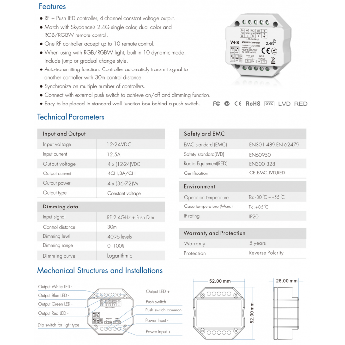 LED-контролер DEYA 12-24VDC, 3A*4CH (V4-S)