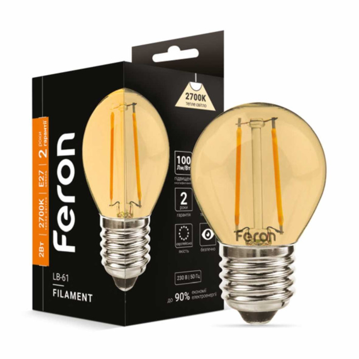 Світлодіодна лампа Feron Filament LB-61 2Вт E27 2700K золото Світлодіодна лампа Feron Filament LB-61 2Вт E27 2700K золото