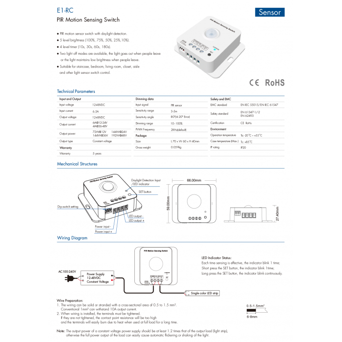 Контролер DEYA 12-48VDC, 6A з датчиком руху PIR (E1-RC)