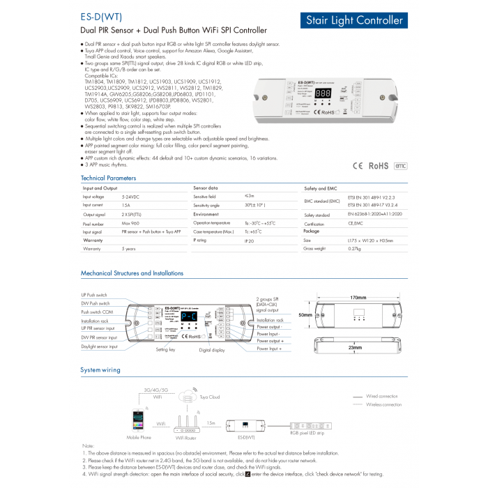 LED-контролер DEYA з датчиком PIR+Dual Push WiFi SPI 5-24VDC (ES-D(WT))