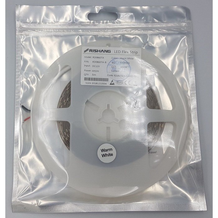 LED стрічка RISHANG 60-2835-12V-IP20 4.8W 535Lm 6000K 5м (RD0860TA-B-PW)