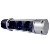 Меблева розетка вертикальна 3х16А, 2хUSB 2.4А, сріблястий металік