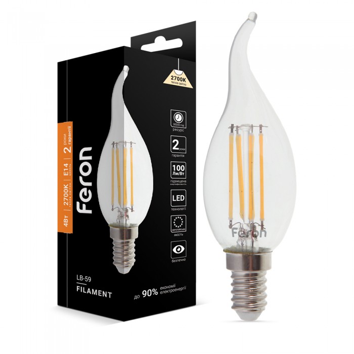 Світлодіодна лампа Feron Filament LB-59 4Вт E14 2700K свічка на вітрі Світлодіодна лампа Feron Filament LB-59 4Вт E14 2700K свічка на вітрі