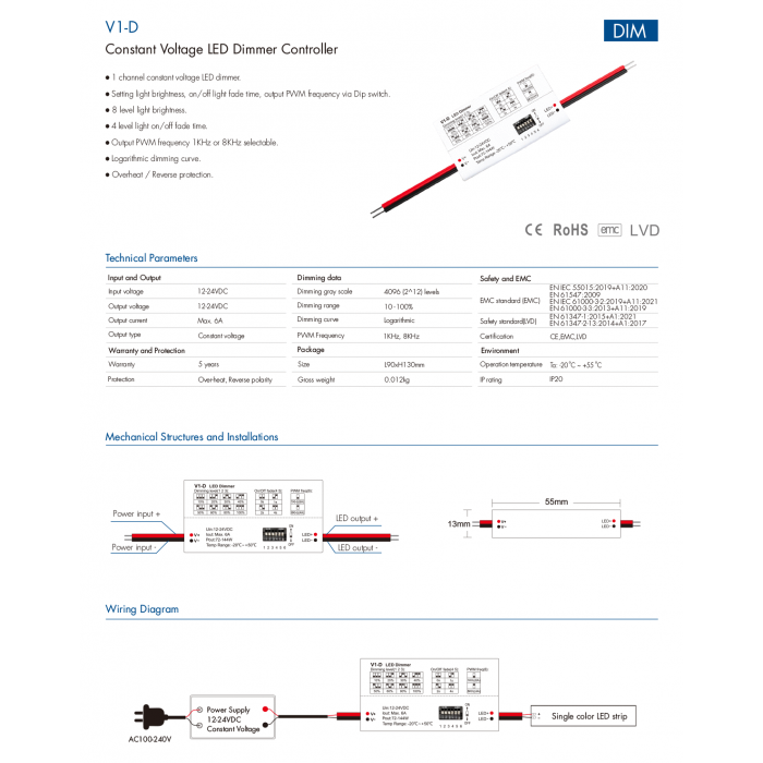 LED-контролер DEYA 12-24VDC, 6A*1CH (V1-D)