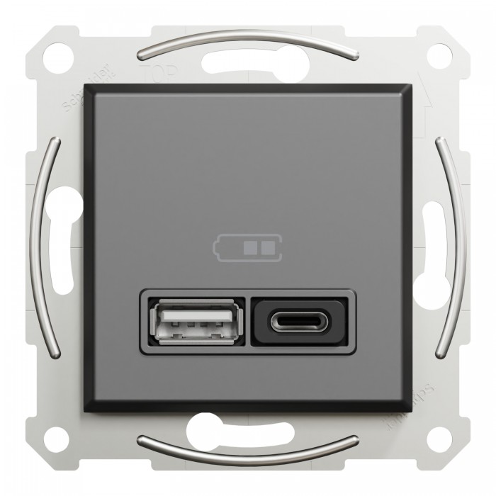 USB розетка А+С, 3 А, 45 Вт, антрацит, Asfora