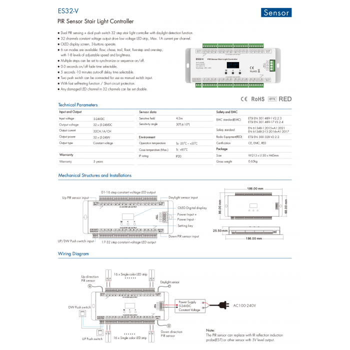 LED-контролер DEYA для сходів з датчиком PIR 5-24VDC, 1A*32CH (ES32-V)