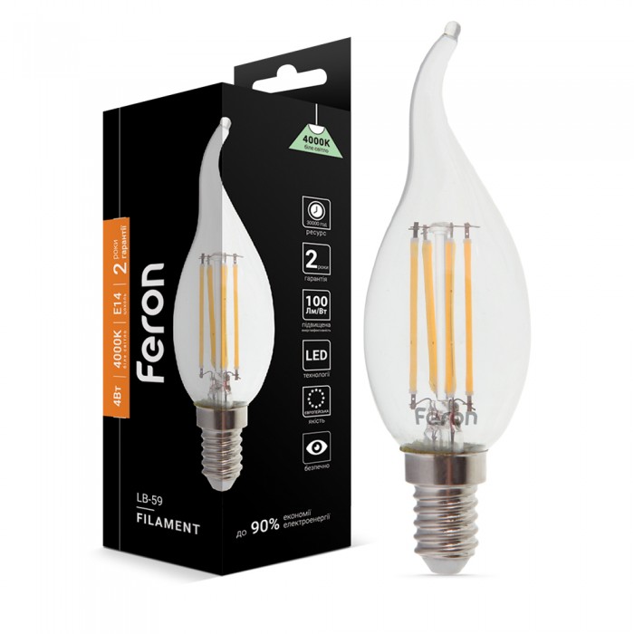 Світлодіодна лампа Feron Filament LB-59 4Вт E14 4000K свічка на вітрі Світлодіодна лампа Feron Filament LB-59 4Вт E14 4000K свічка на вітрі