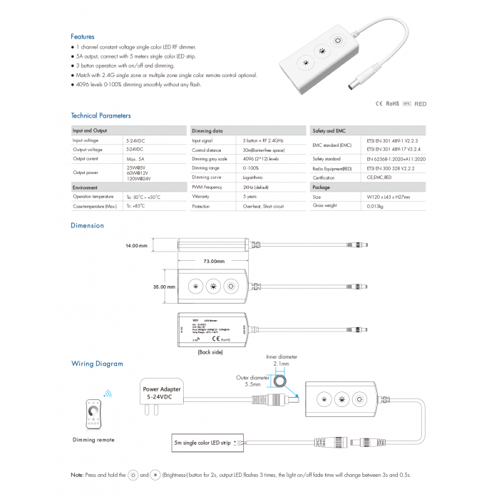 LED-контролер DEYA 5-24VDC, 5A*1CH (VD1)