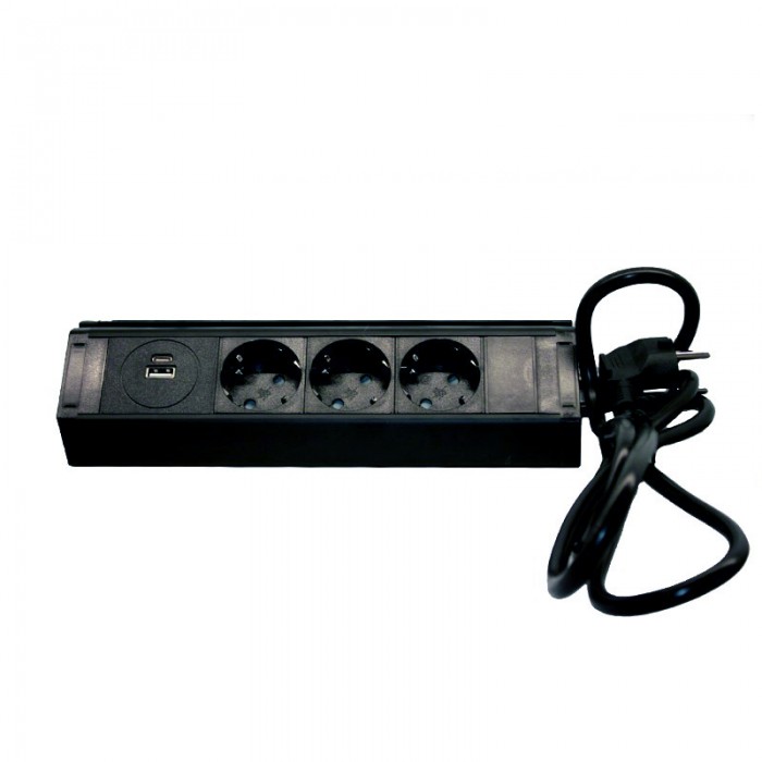 Меблева розетка кухонна горизонтальна з кабелем 3x16А, USB A+C 3.4А, чорний