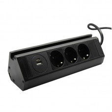 Меблева розетка кухонна горизонтальна з кабелем 3x16А, USB A+C 3.4А, чорний