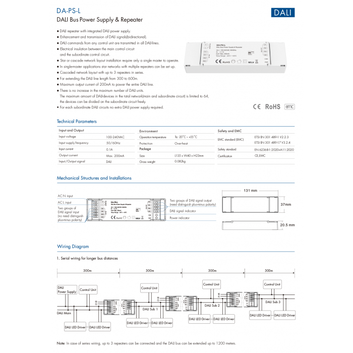 LED-повторювач та блок живлення DEYA 100-240VAC, 200mA (DA-PS-L)