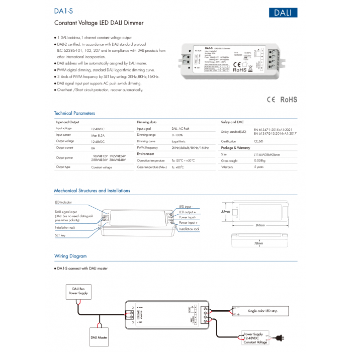 LED-димер DEYA 12-48VDC, 8.5A*1CH DT6 (DA1-S)