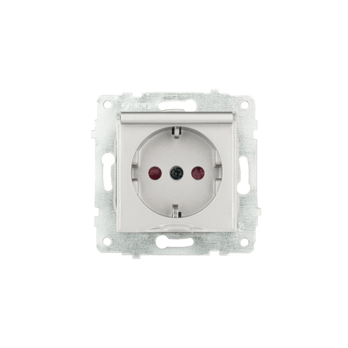 Механізм розетки з заз. з кришкою та шторками Grano срібло/12/120, Срібло, Механізм розетки з заз. з кришкою та шторками